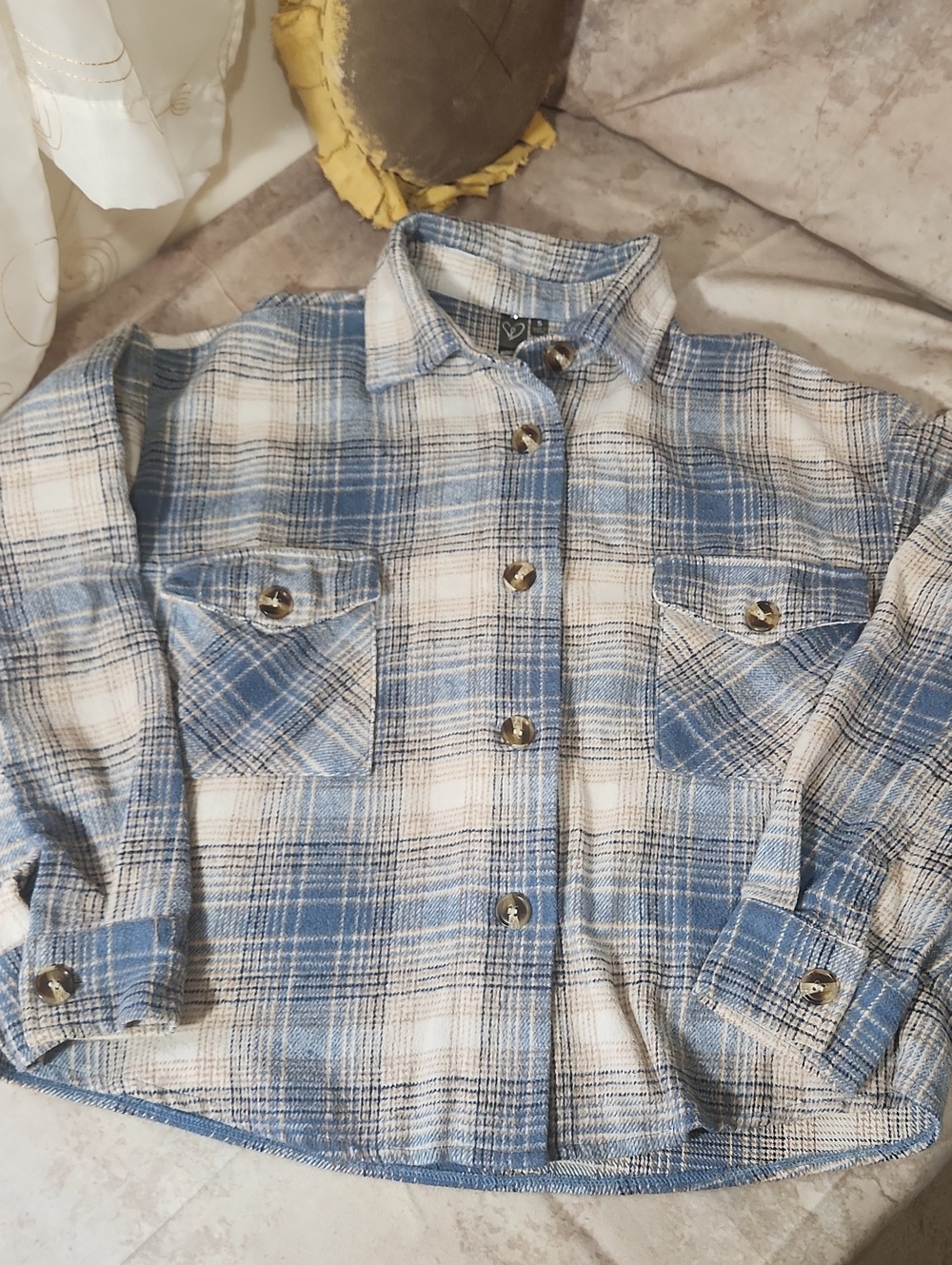 Windsor Light Blue and Beige Plaid Button-Down Cropped Shacket